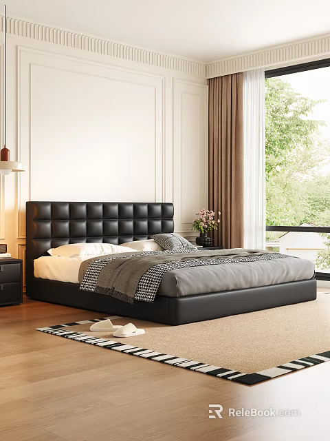 Modern Tufted Black Upholstered Leather Double Bed For Cozy Minimalist Bedroom Interior Decoration 3d model 