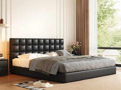 Modern Tufted Black Upholstered Leather Double Bed For Cozy Minimalist Bedroom Interior Decoration 3d model