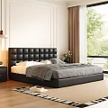 Modern Tufted Black Upholstered Leather Double Bed For Cozy Minimalist Bedroom Interior Decoration