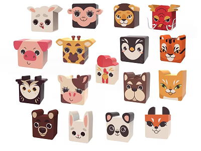 Cute Wooden Animal Shaped Dolls With Various Animal Faces And Designs 3d model