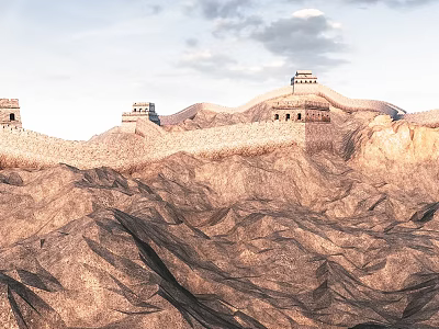 Great Wall Scenery With Rolling Hills And Ancient Watchtowers Under Cloudy Sky 3d model