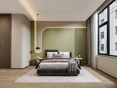 Modern Children's Room Interior Design With Green Wall Wooden Floor Bed Bedside Tables And Window 3d model