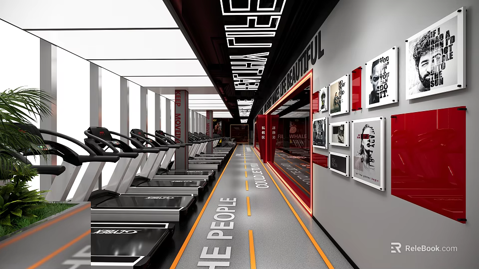 Modern Gym Interior With Treadmills Wall Posters The People Text And Red Accents 3d model 