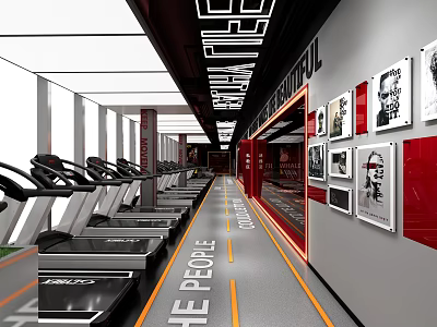 Modern Gym Interior With Treadmills Wall Posters The People Text And Red Accents 3d model