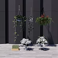Stylish Hanging Basket Plants Decorating Black Wall With Wooden Floor And White Flowers