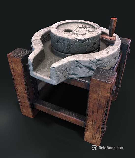 Rustic Traditional Stone Grinder Garden Decor With Wooden Stand Frame 3d model 