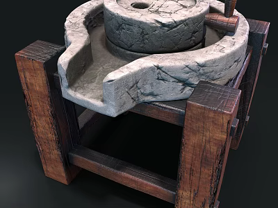 Rustic Traditional Stone Grinder Garden Decor With Wooden Stand Frame 3d model