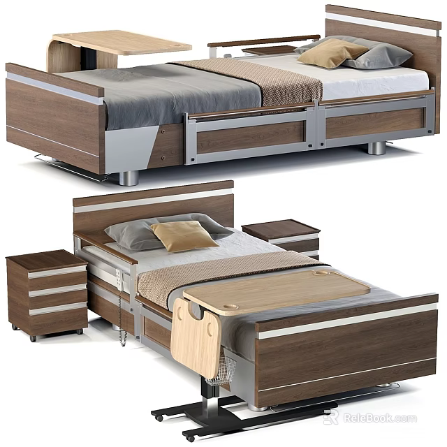 Adjustable Medical Bed With Wooden Metal Frame And Drawer Storage For Patient Care 3d model 