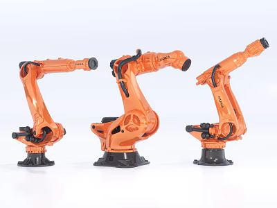 Orange Industrial Robotic Arms In Three Different Positions With Black Bases 3d model