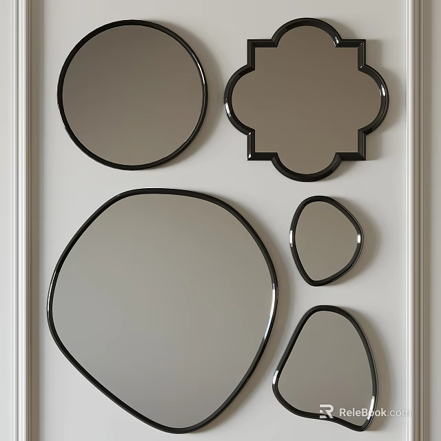 Various Shaped Decorative Mirrors with Black Frames Hanging on White Wall 3d model