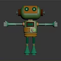 Cartoon Orange Green Robot with Round Head Eyes Control Panel and Extended Arms Legs