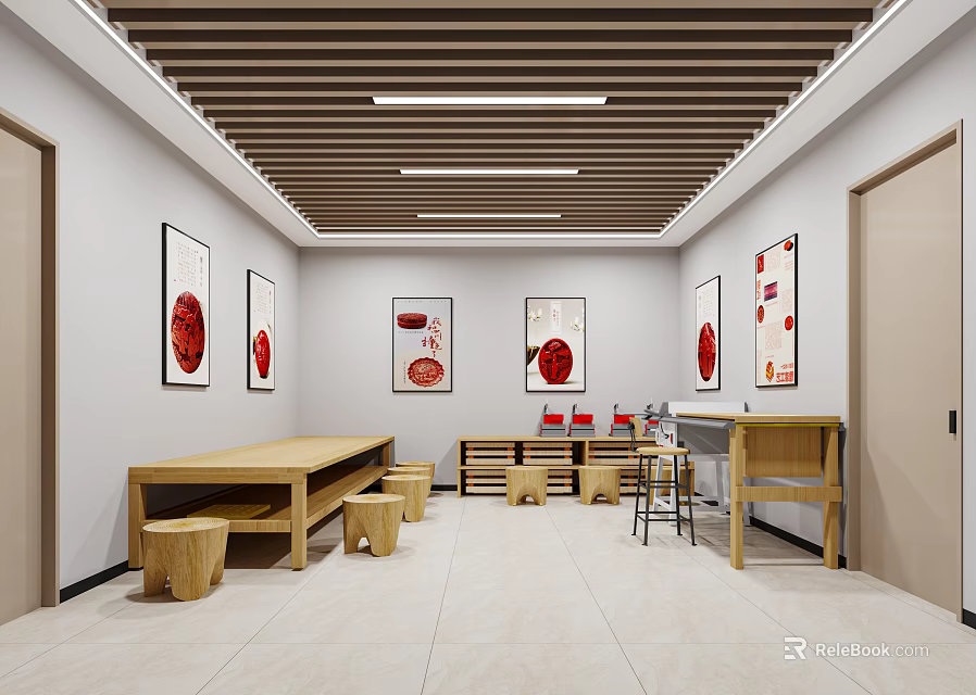 Traditional Style School Classroom With Wooden Furniture And Art Displays 3d model 