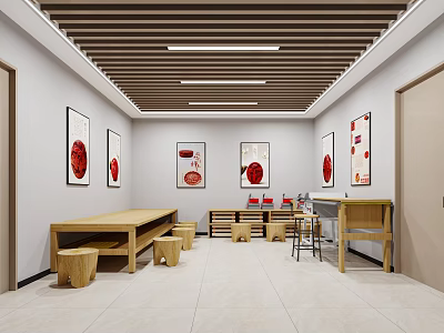 Traditional Style School Classroom With Wooden Furniture And Art Displays 3d model