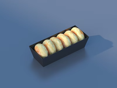 Six Freshly Baked Golden Round Pastries In Black Box For Tasty Snacks 3d model