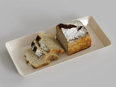 Artisanal Bread Loaf With Flour Dusting And Sliced Pieces On White Rectangular Plate 3d model