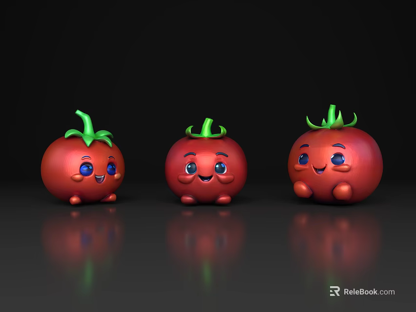 Three Smiling Tomatoes With Red Fruit Green Leaves And Black Background Reflections 3d model 