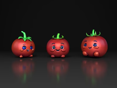 Three Smiling Tomatoes With Red Fruit Green Leaves And Black Background Reflections 3d model