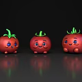 Three Smiling Tomatoes With Red Fruit Green Leaves And Black Background Reflections