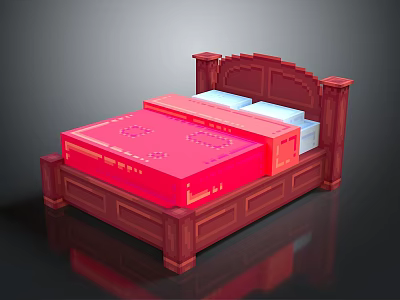 Red Carved Wooden Bed Frame With Red Mattress And White Pillows 3d model