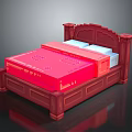 Red Carved Wooden Bed Frame With Red Mattress And White Pillows