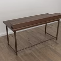 Modern Brown Wooden Desk with Upper Shelf Two Drawers and Metal Legs on Wooden Floor