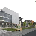 Modern Commercial Street With Glass Facades Pedestrians Greenery Benches And Open Spaces