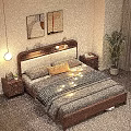 Cozy Bedroom Interior With Wooden Headboard Pillows Checkered Blanket String Lights Nightstands Paintings Green Plant