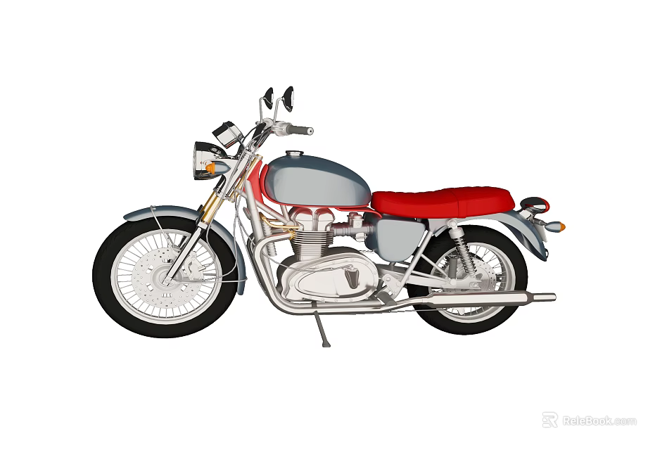 Classic Vintage Motorcycle With Red Seat Silver Body And Spoked Wheels 3d model 