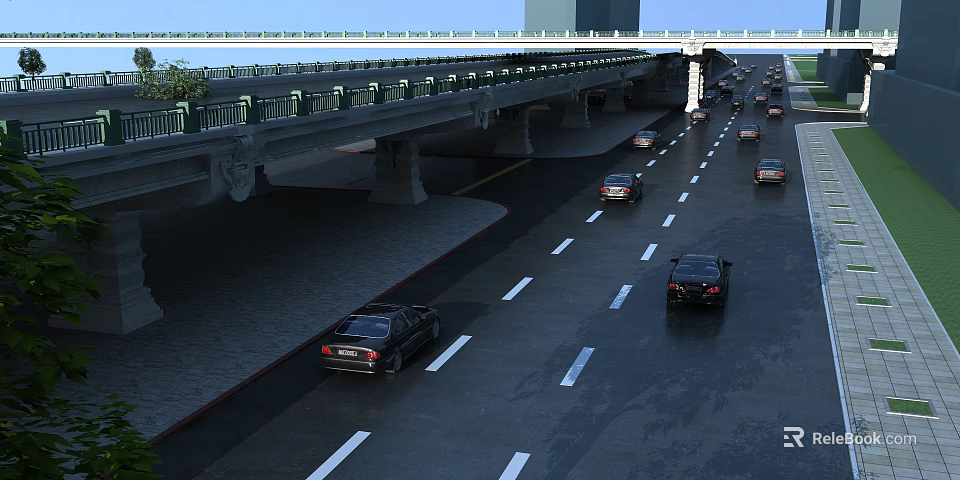 Elevated Bridge With Multi lane Road And Moving Cars On Urban Highway 3d model 