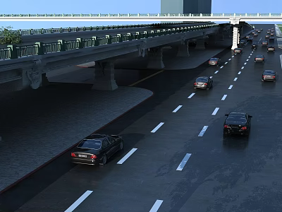 Elevated Bridge With Multi lane Road And Moving Cars On Urban Highway 3d model