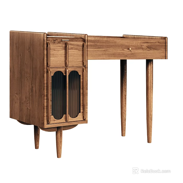 Modern Wooden Desk Featuring Tapered Legs Storage Cabinet And Glass Doors 3d model 