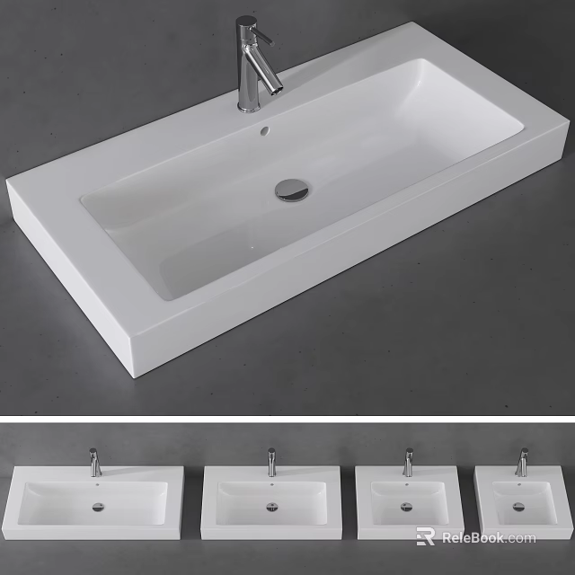 Contemporary Modern White Rectangular Ceramic Bathroom Washbasin With Sleek Design And Chrome Faucet 3d model 