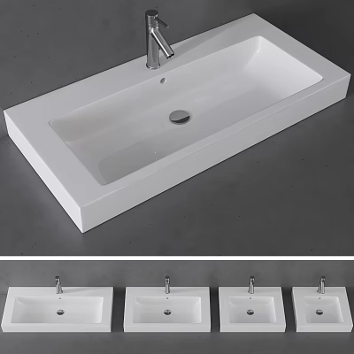Contemporary Modern White Rectangular Ceramic Bathroom Washbasin With Sleek Design And Chrome Faucet 3d model