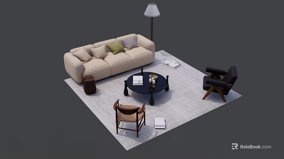 Beige Sofa And Black Coffee Table Set With Cushions Armchairs Floor Lamp Books On Rug 3d model 