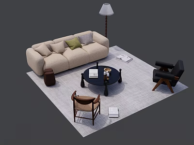 Beige Sofa And Black Coffee Table Set With Cushions Armchairs Floor Lamp Books On Rug 3d model