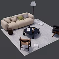 Beige Sofa And Black Coffee Table Set With Cushions Armchairs Floor Lamp Books On Rug