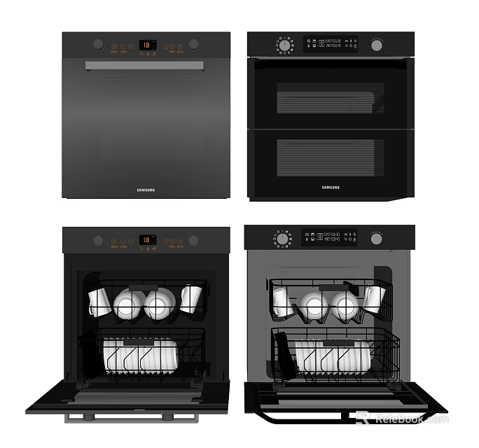 Samsung Built in Kitchen Appliances Dishwashers and Ovens with Interior Utensil Racks 3d model 