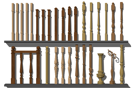 American style railing solid wood stair railing handrail guardrail 3d model