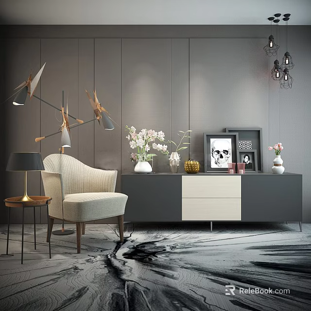 Modern Gray And Beige TV Cabinet With Chair Vase Flowers Decorations And Wall Lamps 3d model 