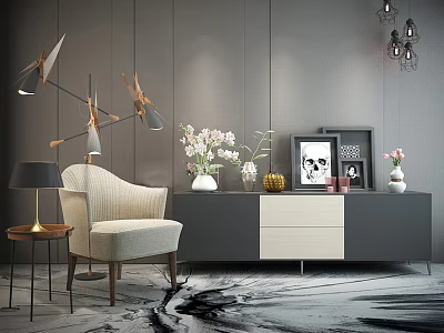 Modern Gray And Beige TV Cabinet With Chair Vase Flowers Decorations And Wall Lamps 3d model