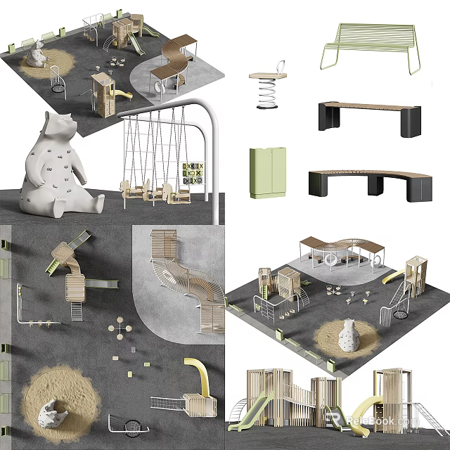 Outdoor Playground Equipment With Swings Slides Climbing Structures Wooden Seats And Sandpit 3d model 