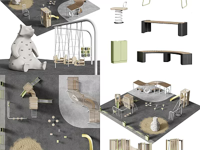 Outdoor Playground Equipment With Swings Slides Climbing Structures Wooden Seats And Sandpit 3d model