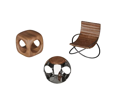Wooden Leisure Chair With Metal Frame And Side Stools Including Square And Spherical Designs 3d model