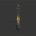 Green Military Helicopter with Blue Windows Yellow Markings and Rotors on Reflective Surface