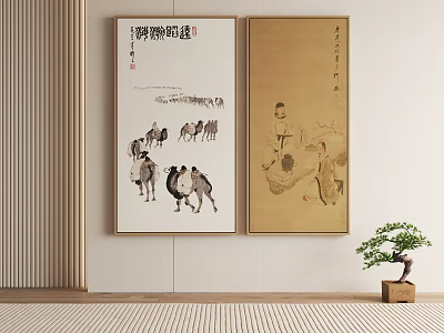 Traditional Chinese Figure Painting Depicting Camel Caravan And Figures With Calligraphy And Indoor Plant Decor 3d model
