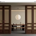 Modern Wooden Partition with Grid Design and Translucent Panels in Dining Interior 3d model