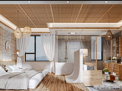 Hotel Guest Room with Bamboo Ceiling Hanging Lamps White Curtain Windows and Wooden Floor 3d model