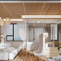 Hotel Guest Room with Bamboo Ceiling Hanging Lamps White Curtain Windows and Wooden Floor