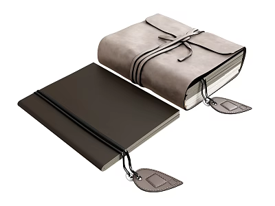 Stylish Leather Notebooks With Gray And Black Covers And Leaf Shaped Bookmarks 3d model