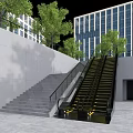 Outdoor Escalator Near Stairs By Urban Buildings And Trees